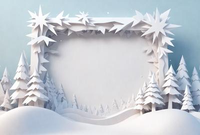 The primary subject of the image is a snowy scene featuring a large white frame with a snowy background. The setting includes a forest with trees and a snowy hill. The visual style of the image is a combination of digital art and illustration, creating a unique and captivating winter scene. The colors and mood of the image are predominantly white and cold, evoking a sense of tranquility and serenity.